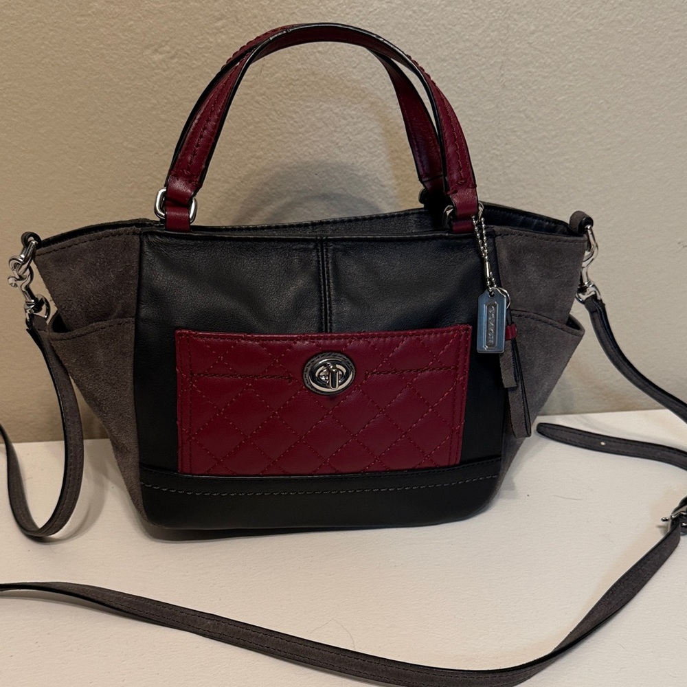 Coach Mini Tote Crossbody Black and Burgundy Quilted Pocket Suede Side Panels